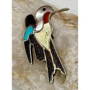Zuni Eva Etsate Hummingbird Pin Pendant Mother of Pearl Red Coral Onyx Turquoise